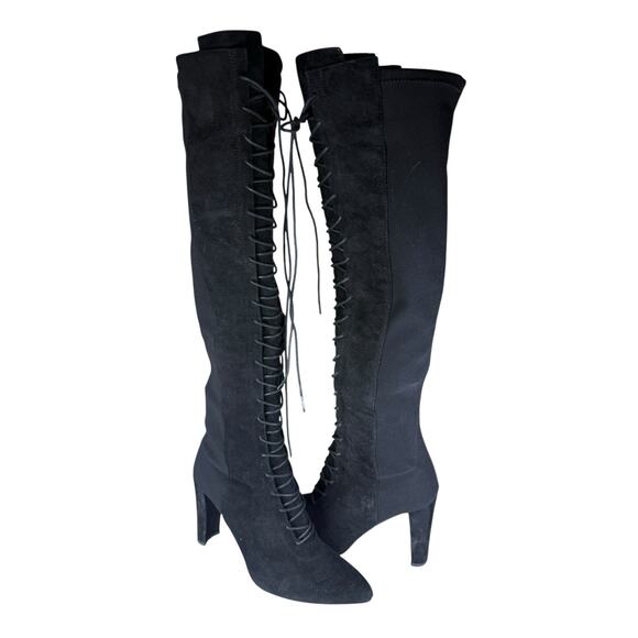 Stuart Weitzman Highstring Suede Lace Up Over Knee Boots Black 6M - Picture 3 of 12